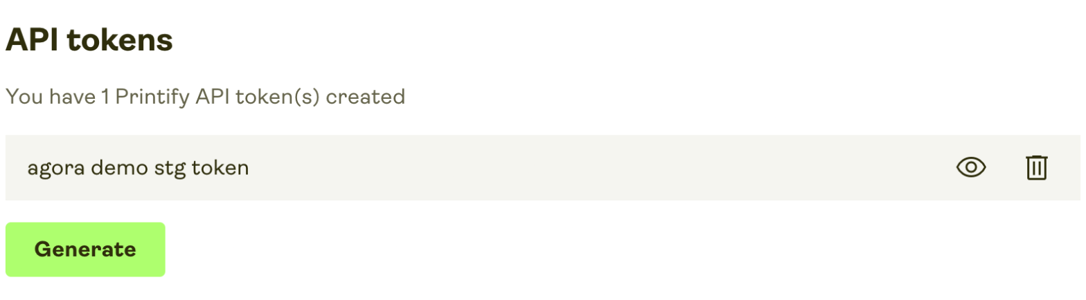 Printify API tokens section with the Generate button